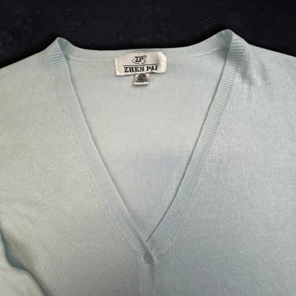 Italian Wool Cardigan Sweater Button Down Long Sleeves Deep V-Neck Light Blue - Picture 2 of 12